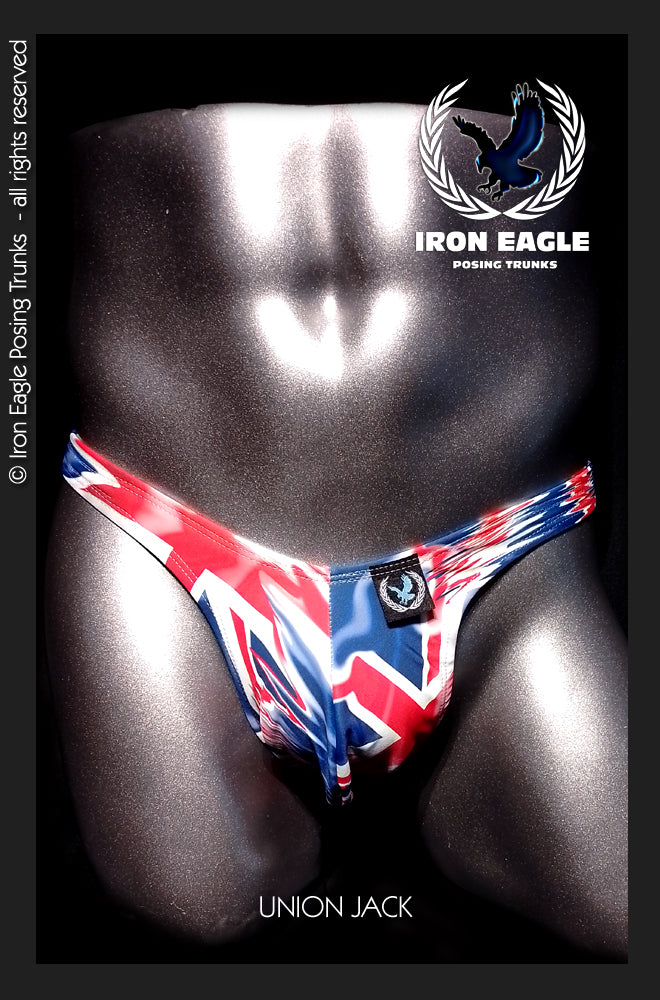 Men’s Union Jack posing trunks with a red, white, and blue flag design and black waistband. - Union Jack - Premier / S / With